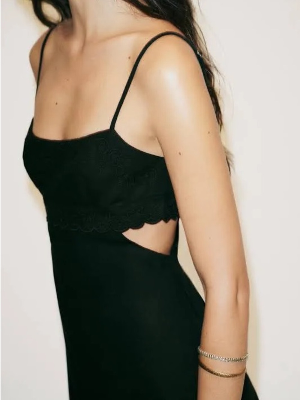 Zara Black Linen Cut-Out Embroidered Midi Dress Small 0881/391